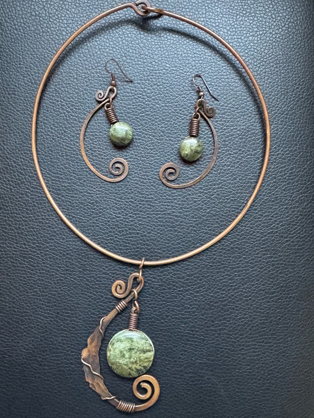 Jade Stone & Crescent Moon Copper Necklace and Earrings - handmade in Mexico